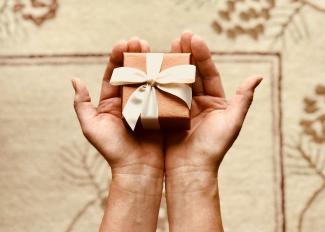 Hands holding a small wrapped present